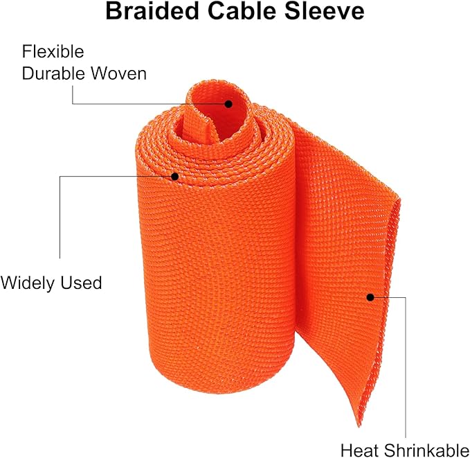 MECCANIXITY Braided Cable Sleeves Heat Shrinkable Fabric Sleeving, 2" 3ft Orange 2:1 Ratio Heat Shrinkable Cord Protector for Harness Cable, Network Cable Protection, Cable Management