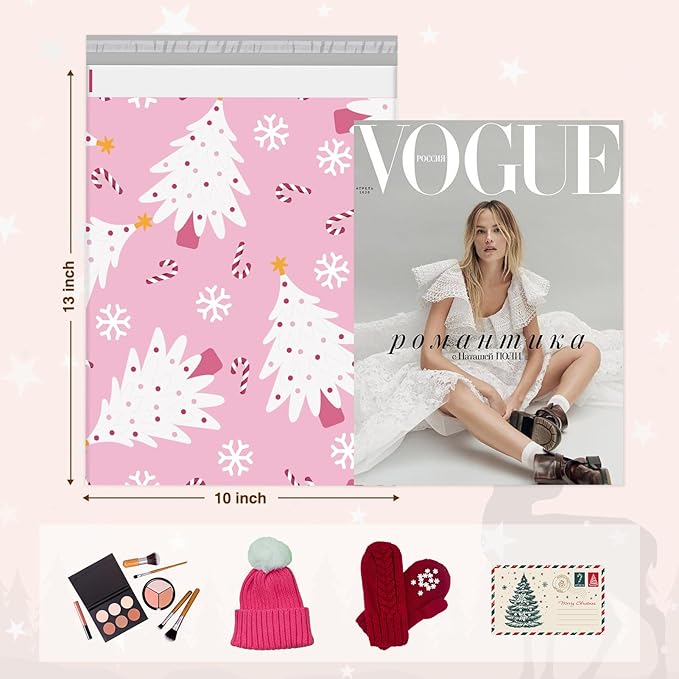 Metronic Christmas Poly Mailers 10x13" 100 Pack, Pink Christmas Tree Shipping Bags for Clothes, Cute Snowflake Shipping Envelopes Mailers Poly Bags Small Packaging Mailing Bags for Small Business