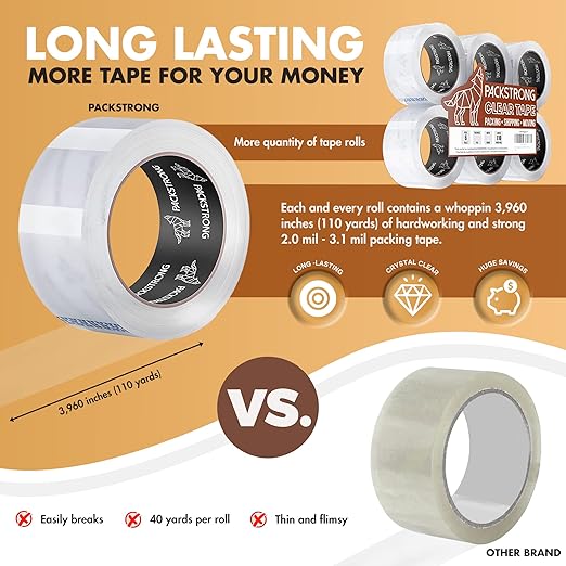 Packstrong Industrial Grade Clear Packing Tape 72 Rolls - 110 Yards per Roll - 2" Wide x 2.7 mil Thick, Acrylic Adhesive Heavy Duty Tape for Box Office Moving Packaging Shipping
