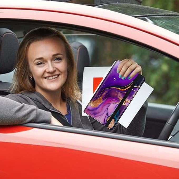 Car Registration and Insurance Holder, Leather Car Glove Box Organizer, Cool Car Accessories for ID, Driver's License Cards & Essential Document,business cards,Men&Womenpurple and gold Marble