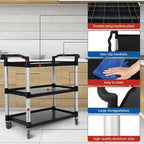 3-Tier Plastic Service Utility Cart with Wheels, Heavy Duty 3-Shelf Rolling Utility/Push Cart for Foodservice/Commercial/Restaurant/Office/Kitchen/Hotel, Black