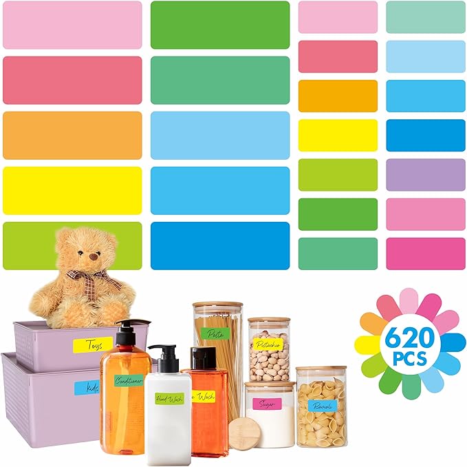 620 PCS Removable Labels, 14 Colors Self-adhesive Stickers Water/Oil/Tear Resistant Sticker for for Food Containers, Kitchen, Files, Jars, Pantry Storage, Office, Bathroom, School (10 Sheets, 2 Sizes)