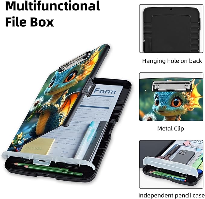 Clipboard with Storage Box & Pen Holder,Heavy Duty Clip Boards 8.5x11 for Nursing,High Capacity,School & Office Supplies,Cute Dragon Dandelion