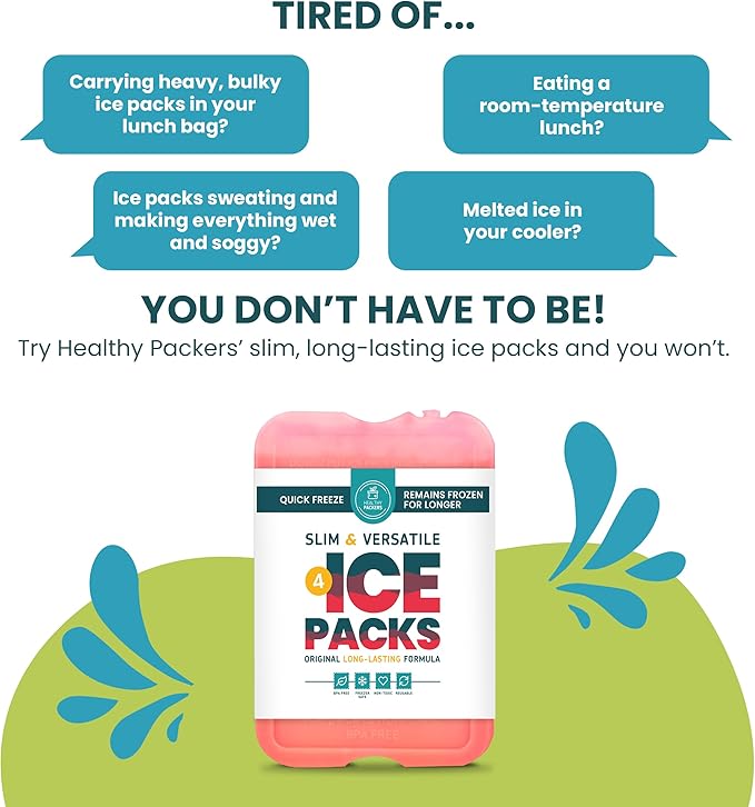 Healthy Packers Reusable Ice Packs for Lunch Boxes - Long Lasting Slim Freezer Packs, Thin Non-Toxic BPA-Free Hard Gel Ice Blocks for Coolers, Kids & Adults Lunch Bags, Travel, Camping, Food Storage
