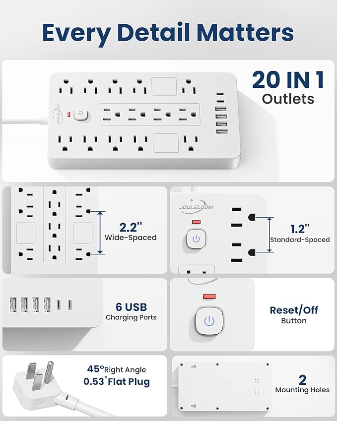Surge Protector Power Strip-14 Outlets and 6 USB Ports, 10 Feet Flat Plug Extension Cord, 1850 Joules, White, ETL Listed for Home, Office, Dorm Room