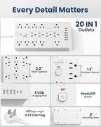 Surge Protector Power Strip-14 Outlets and 6 USB Ports, 10 Feet Flat Plug Extension Cord, 1850 Joules, White, ETL Listed for Home, Office, Dorm Room