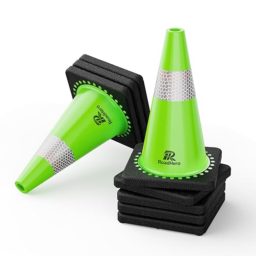 RoadHero 8 Pack Traffic Safety Cones 18 Inch with Black Weighted Base, Plastic PVC Lime Green Cone with Reflective Collar, Cones for Parking Lot, Construction Events, Road Safety