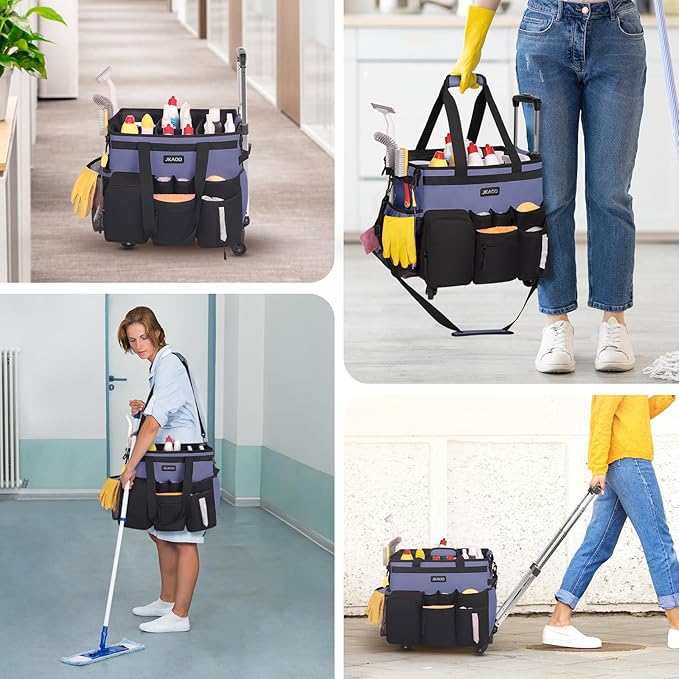 Large Rolling Cleaning Caddy Bag with Detachable Trolley, Waterproof Cleaning Caddy on Wheels for Housekeepers, Cleaning Cart Supplies Organizer for Home,Car,Office,Picnic (Denim Blue)(InPatent)