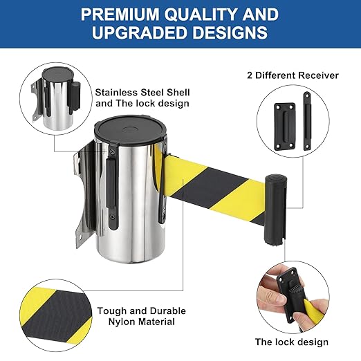 PATIKIL Fixed Wall Mount Retractable Belt Barrier, 2 Pcs 16.4 Feet Fixed Retractable Belt Barrier with Steel Case for Crowd Control Grocery Retail Store Stadium, Silver Tone/Black/Yellow
