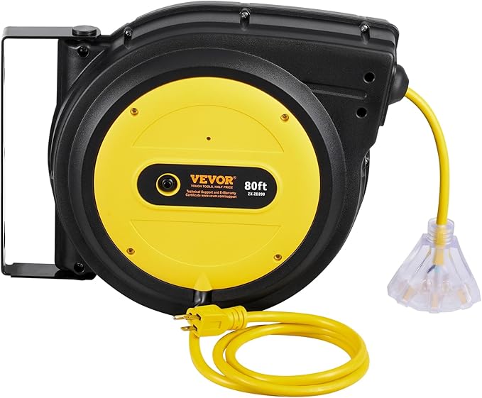 VEVOR 80FT Retractable Extension Cord Reel, 12AWG/3C SJTOW Heavy Duty Power Cord w/Lighted Electrical Triple Tap Outlets, 15A Circuit Breaker,180° Swivel Bracket for Workshop or Garage, Yellow