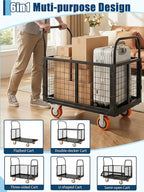 6-in-1 Platform Truck Cart with Cage, Foldable Hand Truck Load 1800 LBS with 4 Wheels Push Cart Dolly for Grocery, Laundry, Garage, Warehouse (Black+Orange)