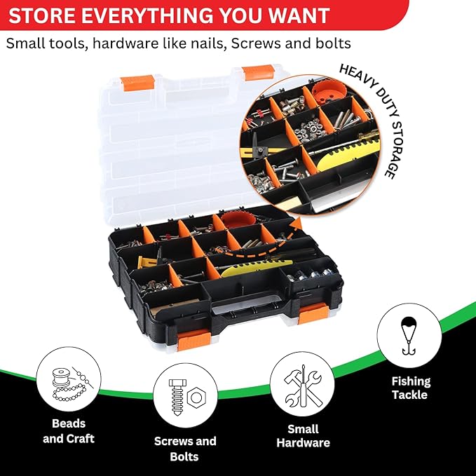 Andalus Tools Organizer Box, Small Parts Storage 34-Compartment Double-Sided Portable Hardware Organizer Removable Plastic Dividers for Screws, Nuts, Bolts, Nails – Orange (1 Pack, 12.5" x 10.5" x 3")