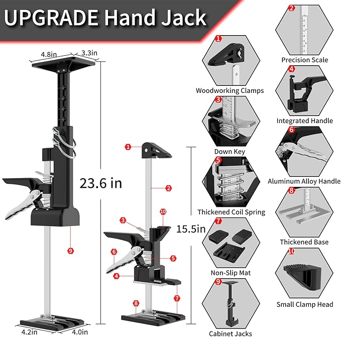 2 Pack Cabinet Jacks, 3rd Hand Support System with 360 LBS Capacity, Adjustable 0 to 23.6 inches for Multifunctional Furniture Lifter Jacks for Wall Tile Height Adjuster Handheld Tool
