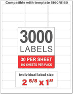 Perfect Peel Printable Address Labels (3,000 Labels), 1" x 2-5/8" Customizable Stickers, White, Blank, Great for mailing, Shipping, and More (Compatible with 5160) (8.5x11, 100, Count)