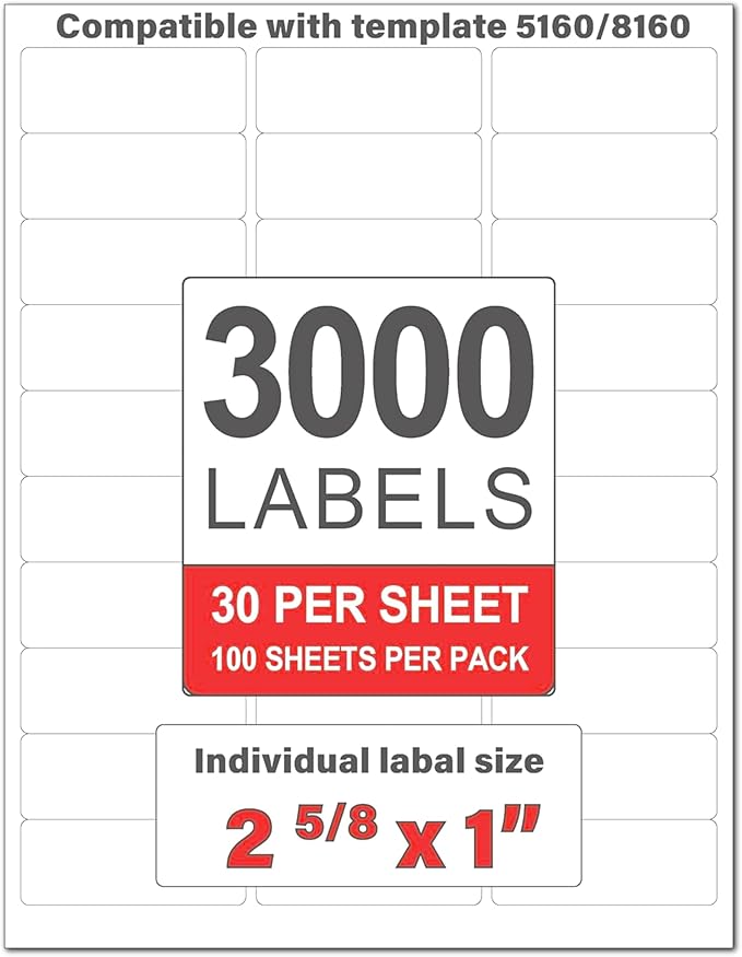 Perfect Peel Printable Address Labels (3,000 Labels), 1" x 2-5/8" Customizable Stickers, White, Blank, Great for mailing, Shipping, and More (Compatible with 5160) (8.5x11, 100, Count)
