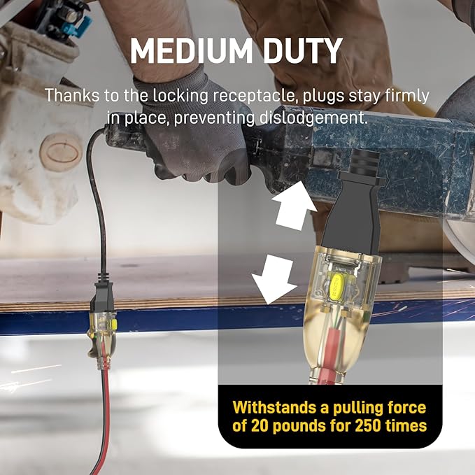 25FT 14/3 Gauge Heavy Duty Outdoor Extension Cord Waterproof with Locking LED Lighted Plugs, SJEOW All-Weather Jacket (-50°C to 105°C), 15amp 1875W, 3 Prong, ETL Certified