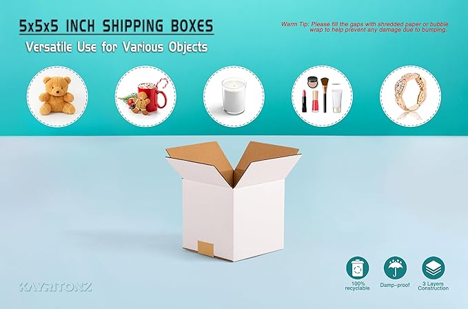 5x5x5 inch Small Shipping Boxes, White Corrugated Cardboard Boxes for E-Commerce, Mailing, Storage, Gifts Wrapping, 30 Pack