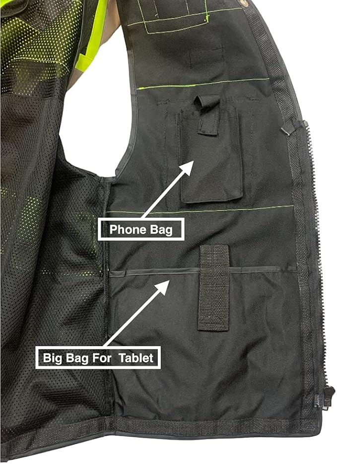 Safety Vest for Men - Black Series with Zipper and Utility Pockets - Premium Surveyors Vest (L, Black)