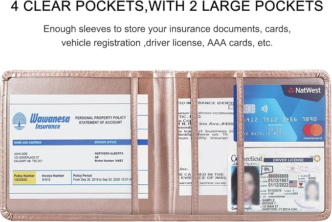 Car Registration and Insurance Holder, Leather Registration and Insurance Card Holder, Vehicle Glove Box Organizer - For Documents, Cards, License (Rosegold)
