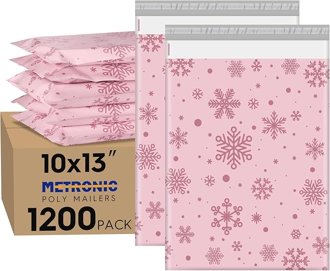 Metronic Christmas Poly Mailers 10x13" 1200pc Shipping Bags for Clothes,Self Adhesive Shipping Envelopes for Small Business,Waterproof Mailers Poly Bags for Shipping,Packaging Mailing Bags Pink Snow