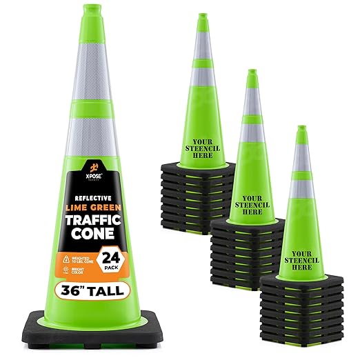 Xpose Safety 36” Lime Green Traffic Cone Dual 6" & 4" Reflective Collar – 24 Pack Multipurpose Premium PVC Safety Cone for Parking, Caution, Construction, Road Crews, Emergency Vehicle - DOT Approved