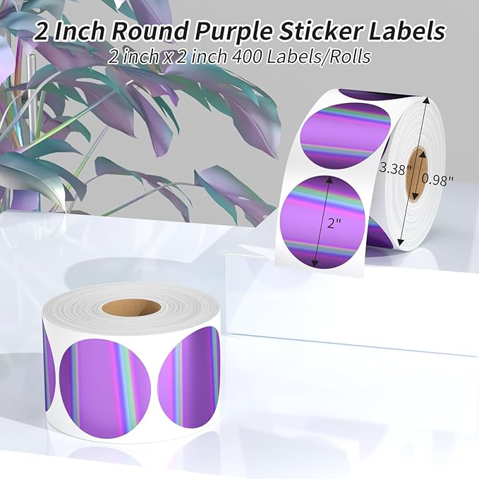 CLASSY 2" Circle Thermal Sticker Label - Multi-Purpose Self-Adhesive Round Direct Thermal Labels for Name Tags, Inventory, Color Coding, Logo Design (400 Labels/Roll, Laser Purple)