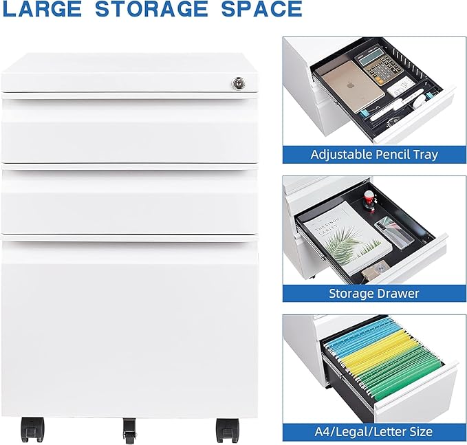 3 Drawer File Storage Cabinet, File Cabinets for Home Office, Metal Rolling Filing Cabinet, Locking File Cabinet for A4/Letter/Lagal Size, Fully Assembled, Matte White