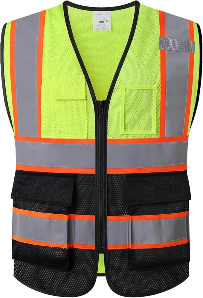 Reflective Mesh Safety Vest for Men Women with 5 Pockets and Zipper Front High Visibility Mesh Vest Hi Vis Construction Work Vest,Meets ANSI/ISEA Standards(EK175-Yellowblack-2XL)