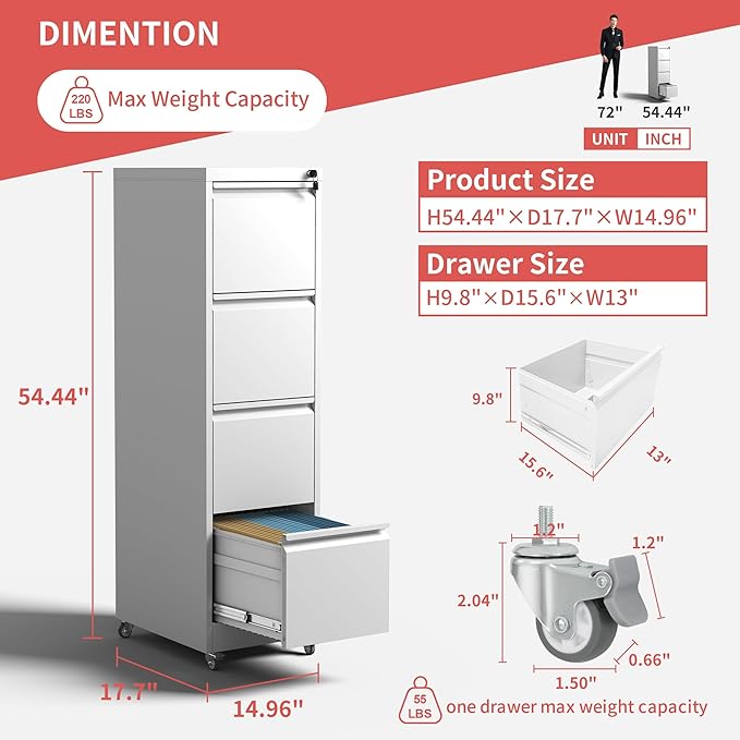 4 Drawer File Cabinet with Wheels,Metal Mobile Filing Cabinets with Lock,White Rolling File Cabinet for Home Office,Heavy Duty Storage Cabinet for A4/Letter/Legal Size File,Assembly Required