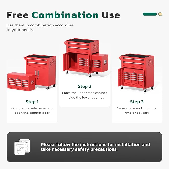 Greenvelly 8-Drawer Rolling Tool Chest, Metal Tool Chest with Wheels, Tool Cabinet with Detachable Top Tool Box, Metal Tool Cart with Liner & Hooks for Garage, Workshop, Warehouse (Red)