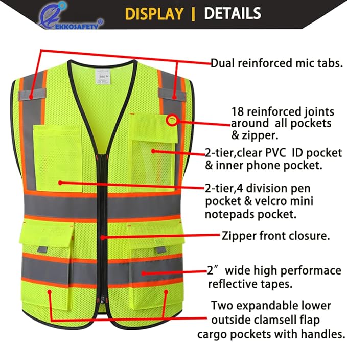 Reflective Safety Vest for Men Women with 9 Pockets and Zipper Front Class 2 High Visibility Mesh Work Vest Hi Vis Construction Vest,Meets ANSI/ISEA Standards(EK176-Yellow-3XL)