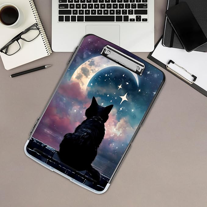 Clipboard with Storage,Office Supplies Nursing Clipboards Folder with Pen Holder Plastic Storage ClipBoard Foldable for Teacher Nurse,Moon Cat