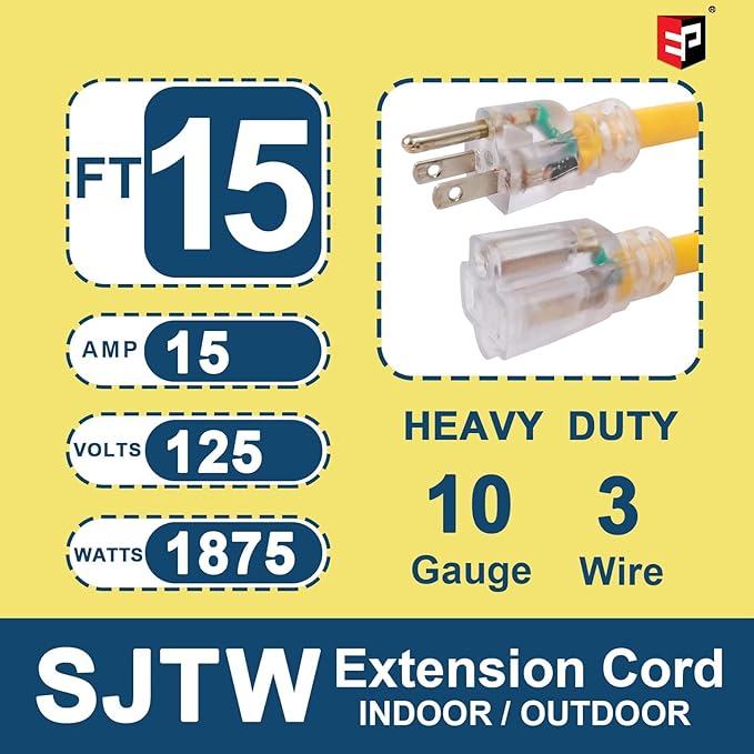 EP 15 Ft Lighted Outdoor Extension Cord - 10/3 SJTW Heavy Duty Yellow Extension Cable with 3 Prong Grounded Plug for Safety, ETL Listed