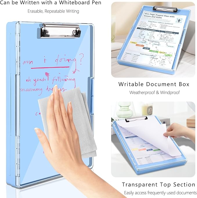 Clipboard with Storage,Heavy Duty Clip Boards 8.5x11 with 2 Storage Case,Clear Visible Top Panel Storage Clipboard,Side Opening Clip Boards,Nursing Clipboard Folder Case for Office Supplies-Aqua Blue