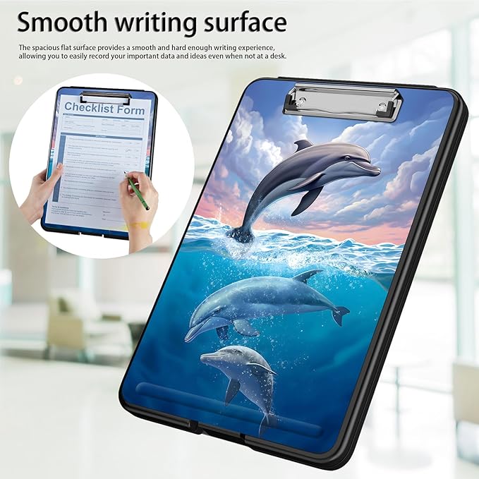 Clipboard with Storage,Office Supplies Nursing Clipboards Folder with Pen Holder Plastic Foldable Clip Board with Storage for Nurse Teacher,Cute Dolphin