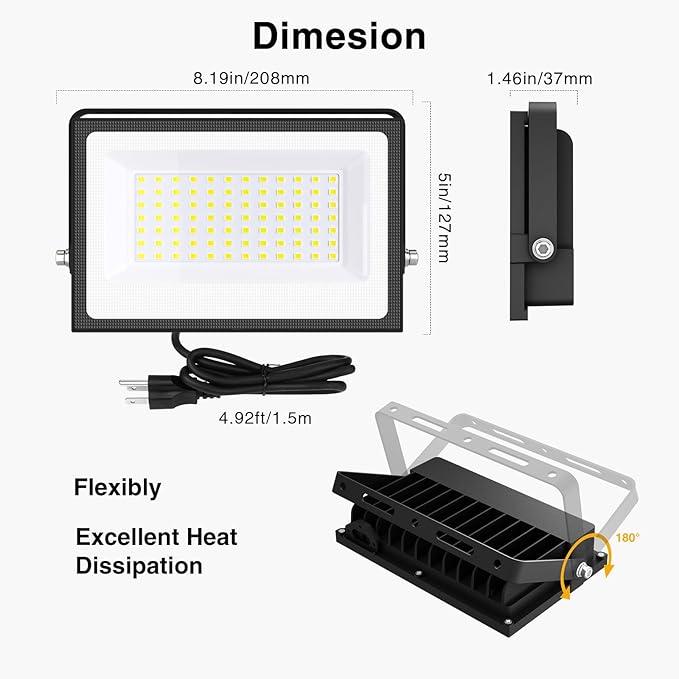 Onforu 80W Flood Lights Outdoor, 8000lm Bright LED Work Light with Plug, 6500K Daylight White LED Flood Lighting, IP66 Waterproof Security Yard Lights for Garage Stadium 2 Pack
