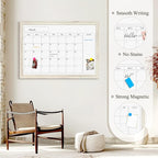 4 THOUGHT Whiteboard Calendar 36" x 24" Magnetic Dry Erase Board Wood Frame Wall-Mounted Monthly Planner White Board Decorative Notice Board for Office School Home, White Vintage