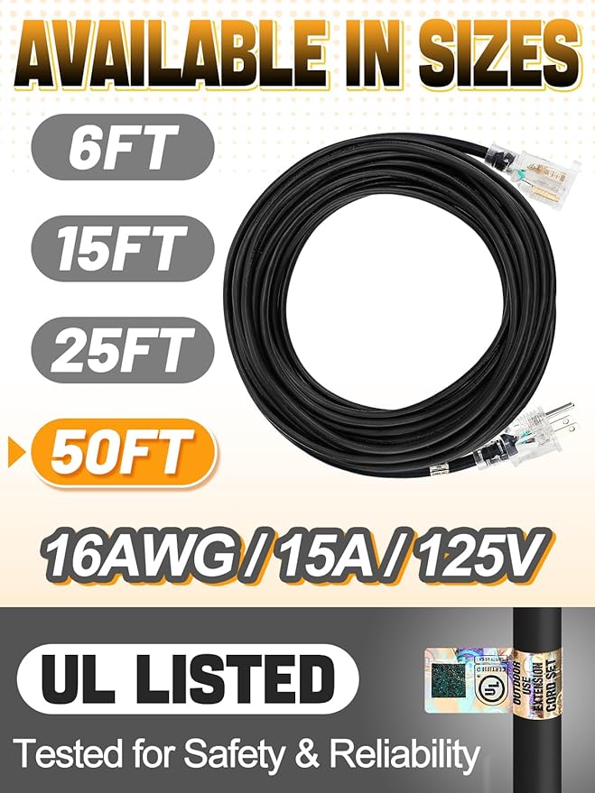 Lighted End Heavy Duty Outdoor Extension Cord Waterproof -16AWG, 3 Prong, 15A, 1875W, Flexible Black Power Extension Cord for Outsides, 50ft
