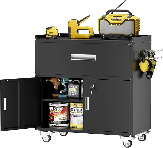 Metal Garage Storage Cabinet with Wheels, Lockable Rolling Tool Chest with Wheels, Tool Cabinet on Wheels, Metal Rolling Utility Cabinet for Home, Office, Garage and Workshop, Black