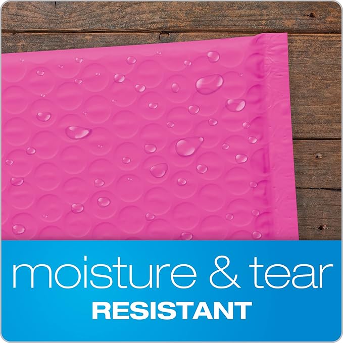 Quality Park Bubble Mailers, 8.25 x 11 Shipping Envelopes, Water Resistant Pink Poly Padded Envelopes, Redi-Strip Peel Off Closure, 25/Box (QUA85861)