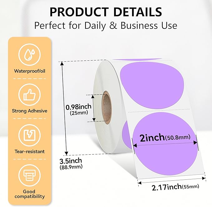 2 inch Dot Stickers Labels Circle Garage Sale Sticker 750Pcs Round Thermal Printer Stickers Printable Writable Price Labels for Yard Sale, Light Purple