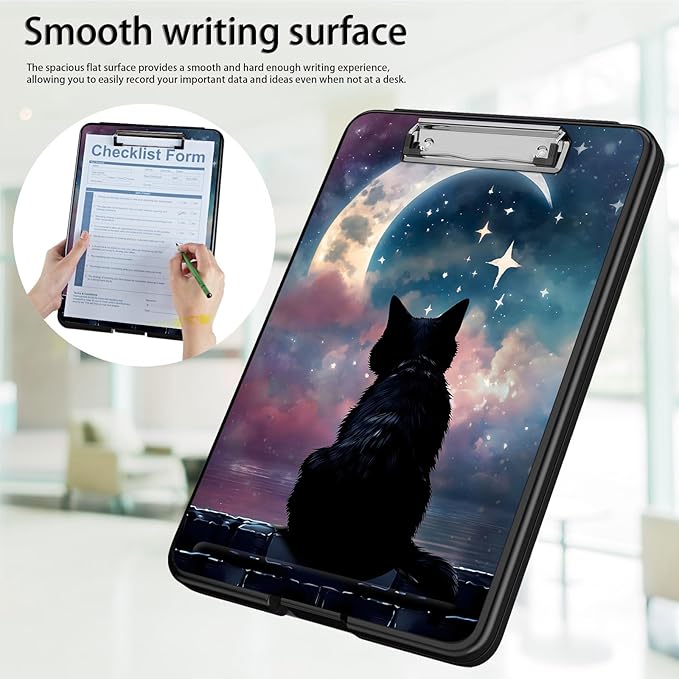 Clipboard with Storage,Office Supplies Nursing Clipboards Folder with Pen Holder Plastic Foldable Clip Board with Storage for Nurse Teacher,Moon Cat