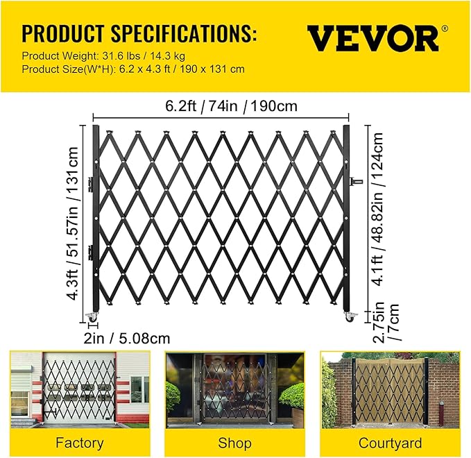 VEVOR Single Folding Security Gate, 51.57" H x 74" W, Steel Accordion Door, Flexible Expanding Barricade, 360 Rolling Scissor Gate With Padlock