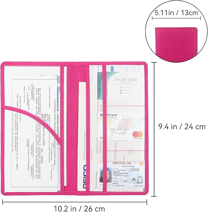 Car Registration and Insurance Holder, Premium Pu Leather Vehicle Glove Box Organizer - for Driver License, Cards & Essential Documents (L-Rose Red)