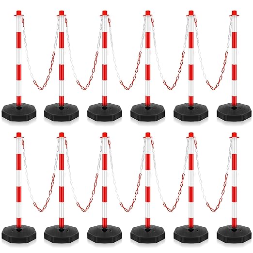 Konohan 12 Sets 34 Inch Parking Cone Delineators Post Traffic Cone Plastic Stanchion Set Stands Parking Barrier with Base 6.6 ft Chain S Hooks Reflective Collar (Red,White)