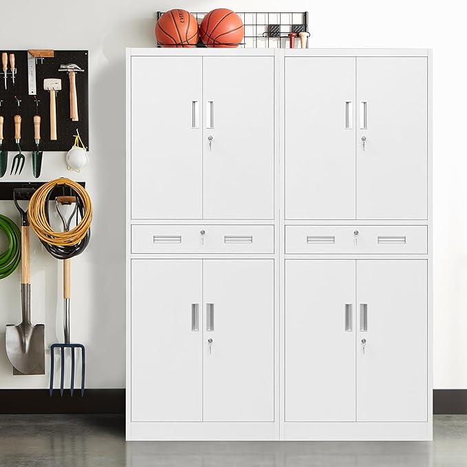 Metal Storage Cabinet, 71" H x 28" W x 16" D Locking Storage Cabinet with Adjustable Shelves and One Drawer for Office, Garage, Home, School, Utility(White)