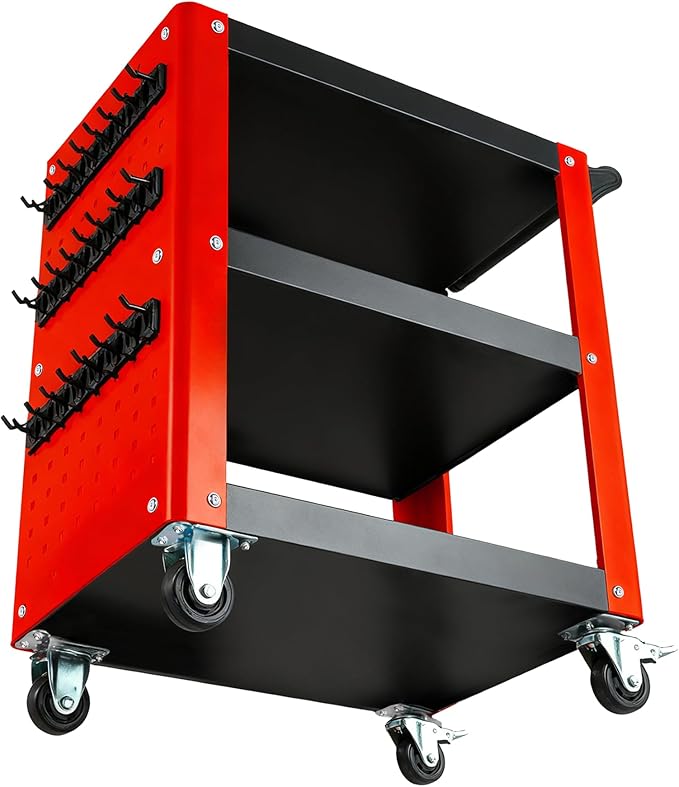 3 Tier Rolling Tool Cart, Mechanic Tool Cart on Wheels, Mechanic Storage Organizer, Utility Cart with Pegboard and Hook for Garage, Workshop, Warehouse（Red & Black）