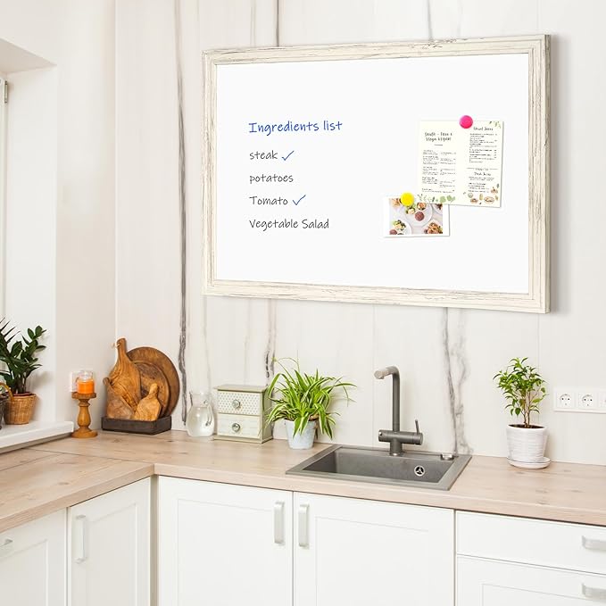 4 THOUGHT Dry Erase Board, 24 x 36 in Magnetic Whiteboard White Vintage Wood Frame Wall-Mounted White Board Decorative Notice Board for School, Office, Home, 8 Magnets 4 Markers 1 Eraser