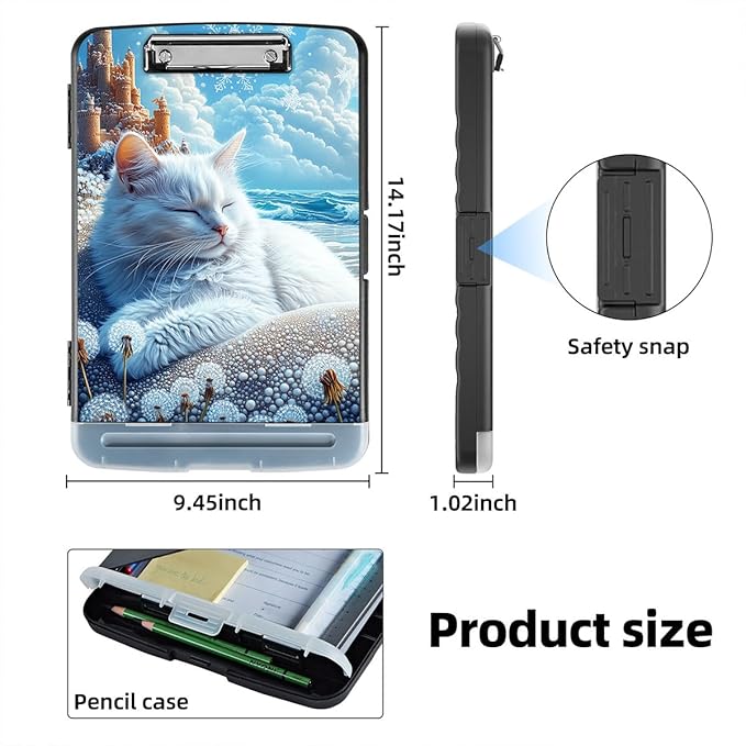 Clipboard with Storage Box & Pen Holder,Heavy Duty Clip Boards 8.5x11 for Nursing,High Capacity,School & Office Supplies,Winter Wonderland Cat