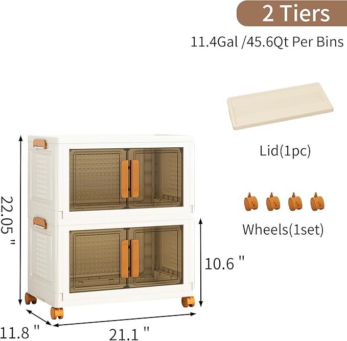 Plastic Stackable Storage Bins with Lids and Wheels, 91.2QT-45.6QT*2Tier Foldable Closet Organizers and Containers, Collapsible Clear Drawer Storage Cabinet with Doors Ivory White